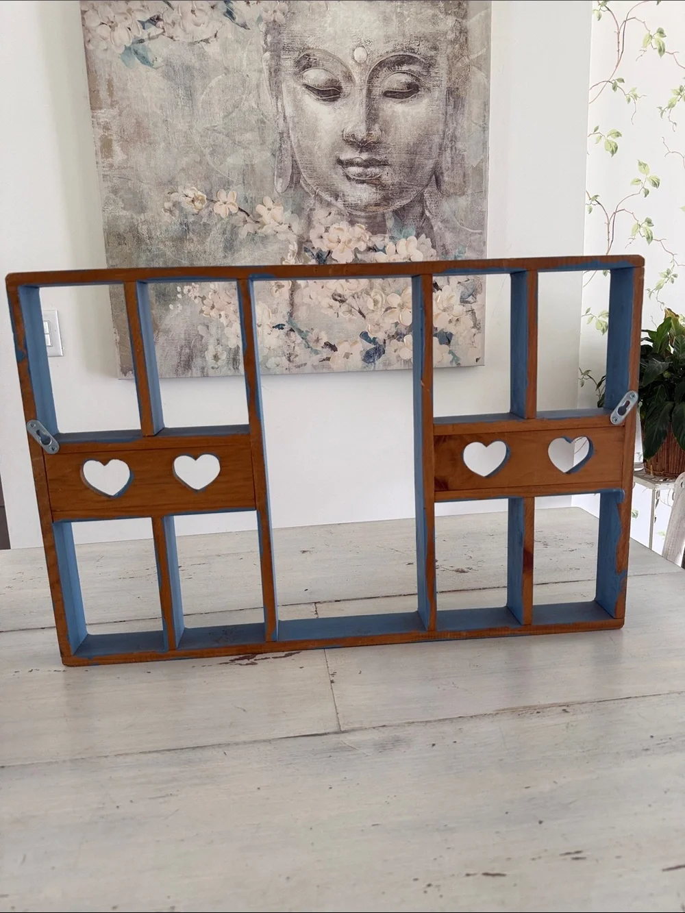 Vintage Blue Wooden Multi-Compartment Heart Cutouts Wall Shelf